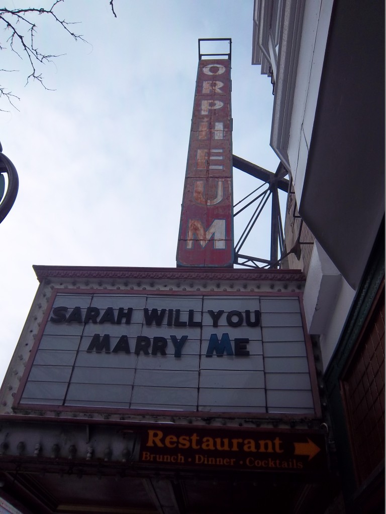 A proposal on the Orpheum Marquee as seen on January 22, 2014